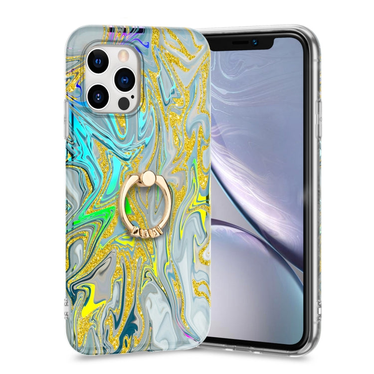 For iPhone 11 Pro Max Laser Glitter Watercolor Pattern Shockproof Protective Case with Ring Holder