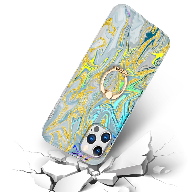 For iPhone 11 Pro Max Laser Glitter Watercolor Pattern Shockproof Protective Case with Ring Holder