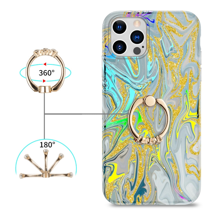 For iPhone 11 Pro Max Laser Glitter Watercolor Pattern Shockproof Protective Case with Ring Holder