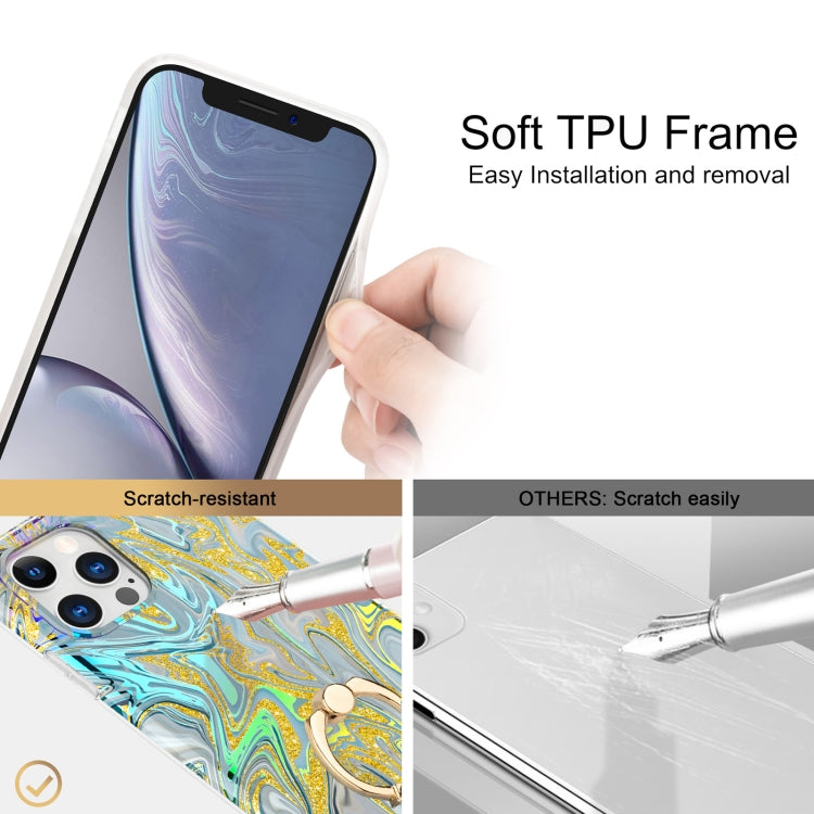 For iPhone 11 Pro Max Laser Glitter Watercolor Pattern Shockproof Protective Case with Ring Holder