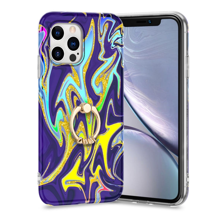 For iPhone 11 Pro Max Laser Glitter Watercolor Pattern Shockproof Protective Case with Ring Holder