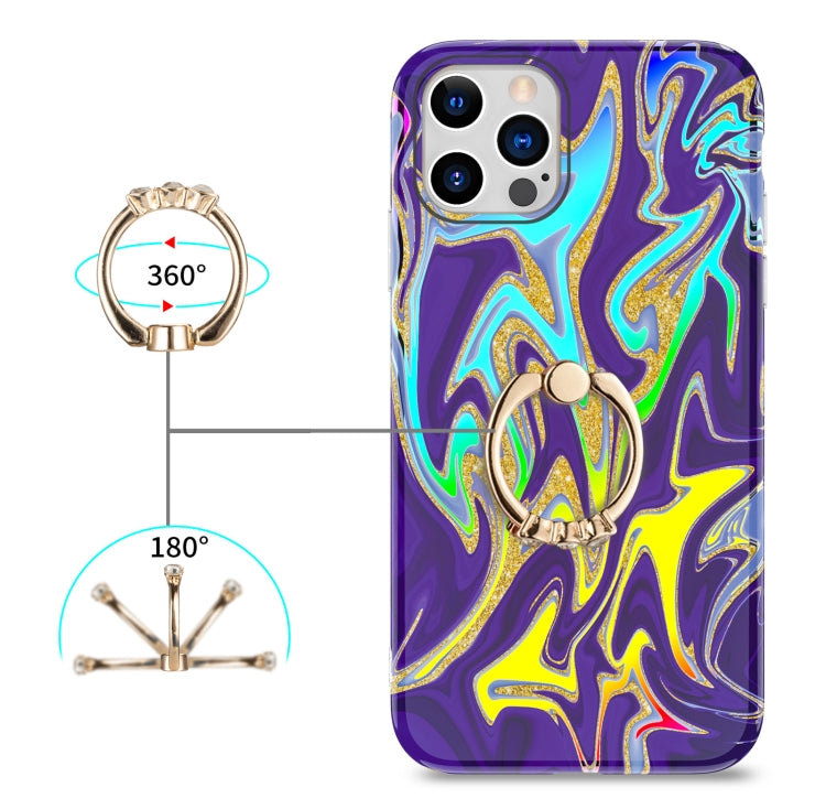 For iPhone 11 Pro Max Laser Glitter Watercolor Pattern Shockproof Protective Case with Ring Holder