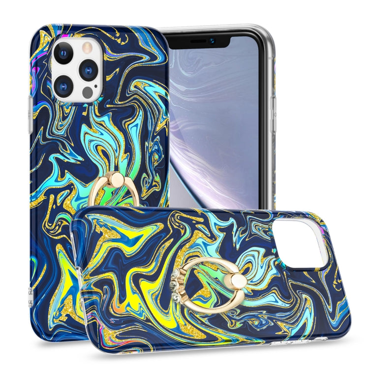 For iPhone 11 Pro Max Laser Glitter Watercolor Pattern Shockproof Protective Case with Ring Holder