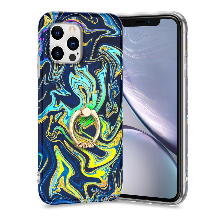 For iPhone 11 Pro Max Laser Glitter Watercolor Pattern Shockproof Protective Case with Ring Holder