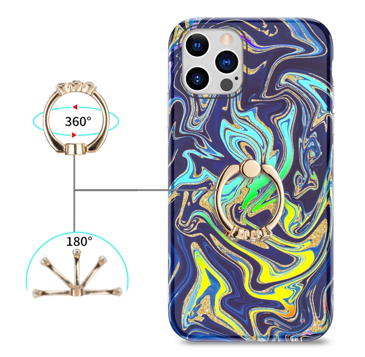 For iPhone 11 Pro Max Laser Glitter Watercolor Pattern Shockproof Protective Case with Ring Holder