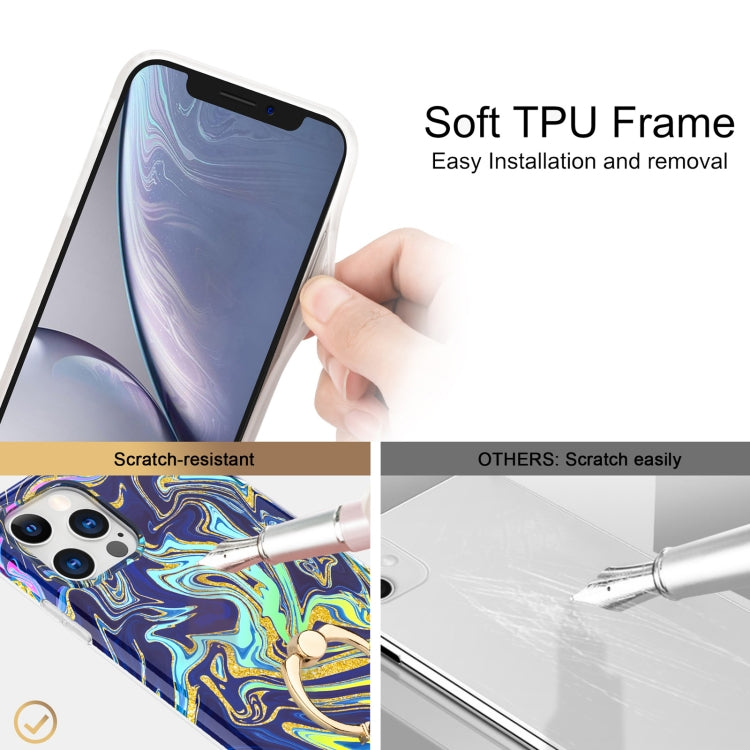 For iPhone 11 Pro Max Laser Glitter Watercolor Pattern Shockproof Protective Case with Ring Holder