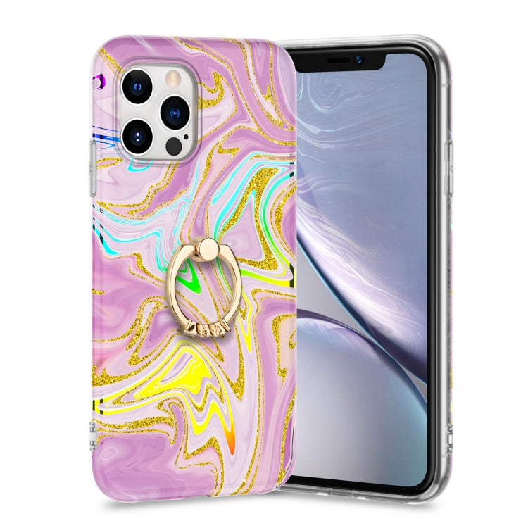 For iPhone 11 Pro Max Laser Glitter Watercolor Pattern Shockproof Protective Case with Ring Holder