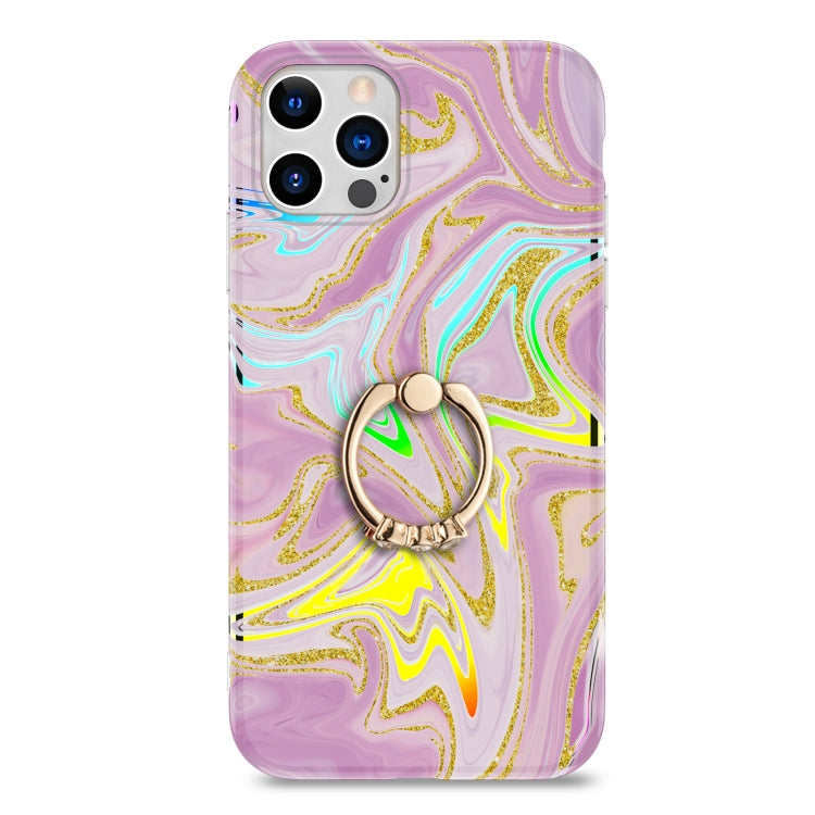 For iPhone 11 Pro Max Laser Glitter Watercolor Pattern Shockproof Protective Case with Ring Holder