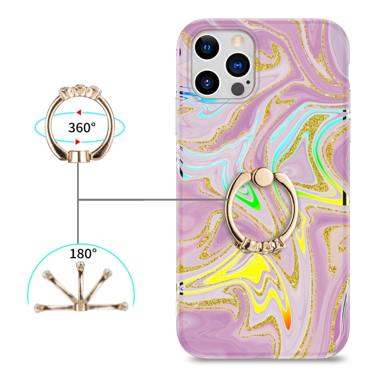 For iPhone 11 Pro Max Laser Glitter Watercolor Pattern Shockproof Protective Case with Ring Holder