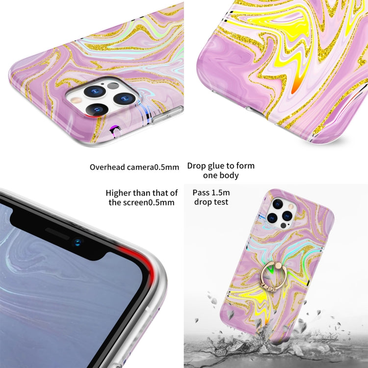 For iPhone 11 Pro Max Laser Glitter Watercolor Pattern Shockproof Protective Case with Ring Holder