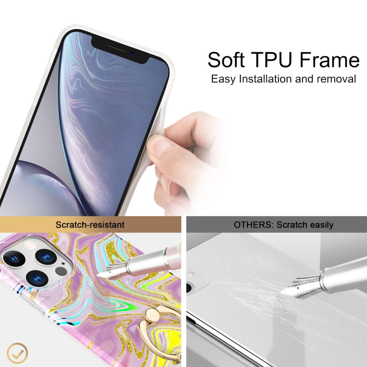 For iPhone 11 Pro Max Laser Glitter Watercolor Pattern Shockproof Protective Case with Ring Holder
