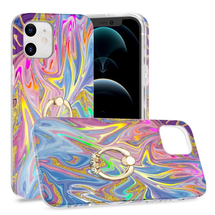 For iPhone 12 mini Laser Glitter Watercolor Pattern Shockproof Protective Case with Ring Holder