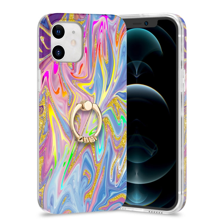 For iPhone 12 mini Laser Glitter Watercolor Pattern Shockproof Protective Case with Ring Holder