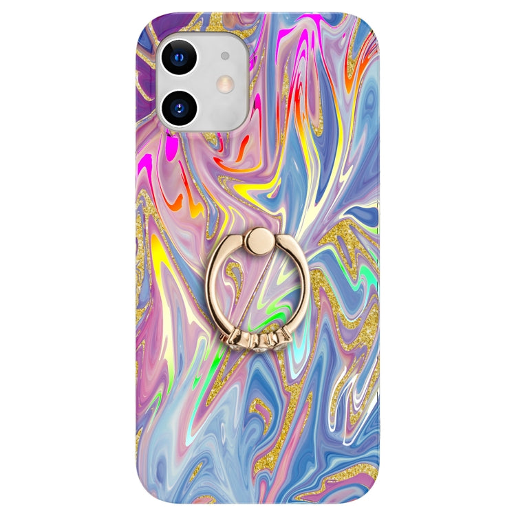 For iPhone 12 mini Laser Glitter Watercolor Pattern Shockproof Protective Case with Ring Holder