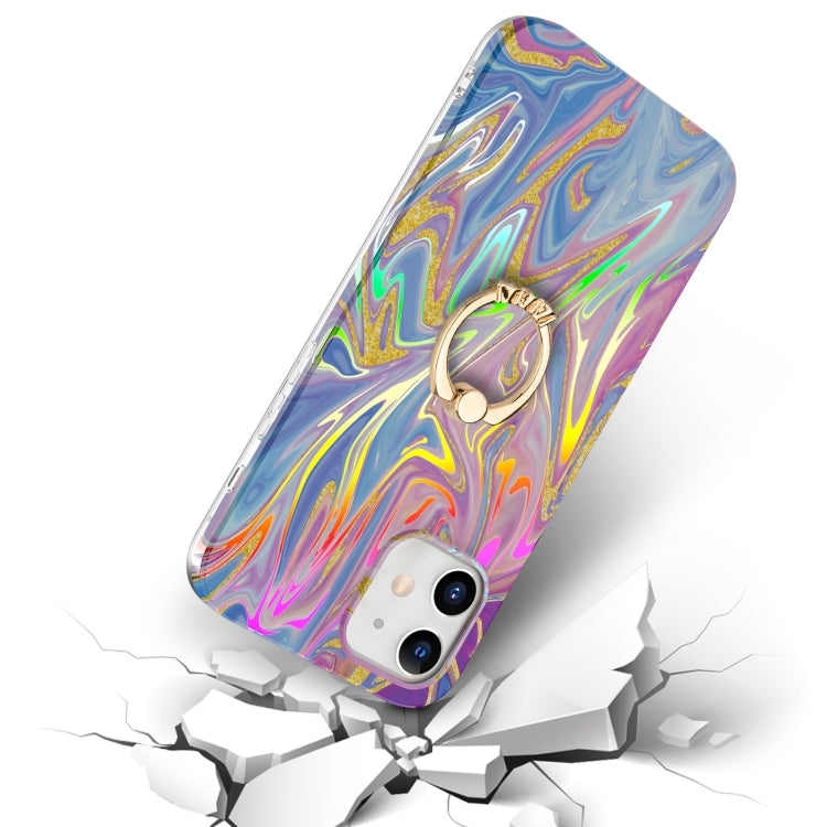For iPhone 12 mini Laser Glitter Watercolor Pattern Shockproof Protective Case with Ring Holder