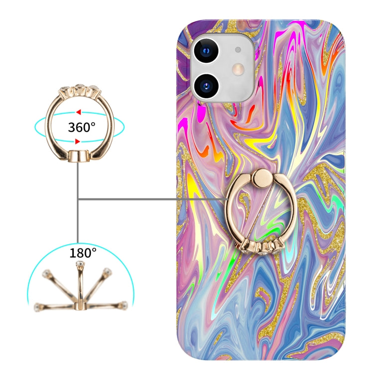 For iPhone 12 mini Laser Glitter Watercolor Pattern Shockproof Protective Case with Ring Holder