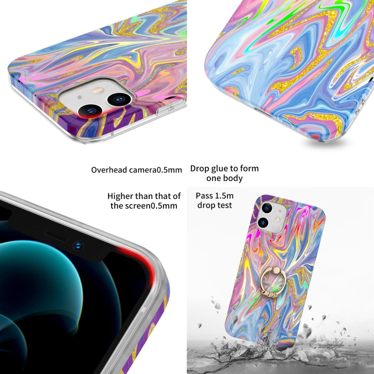 For iPhone 12 mini Laser Glitter Watercolor Pattern Shockproof Protective Case with Ring Holder