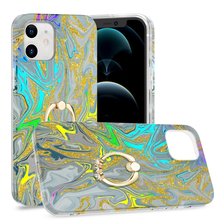 For iPhone 12 mini Laser Glitter Watercolor Pattern Shockproof Protective Case with Ring Holder