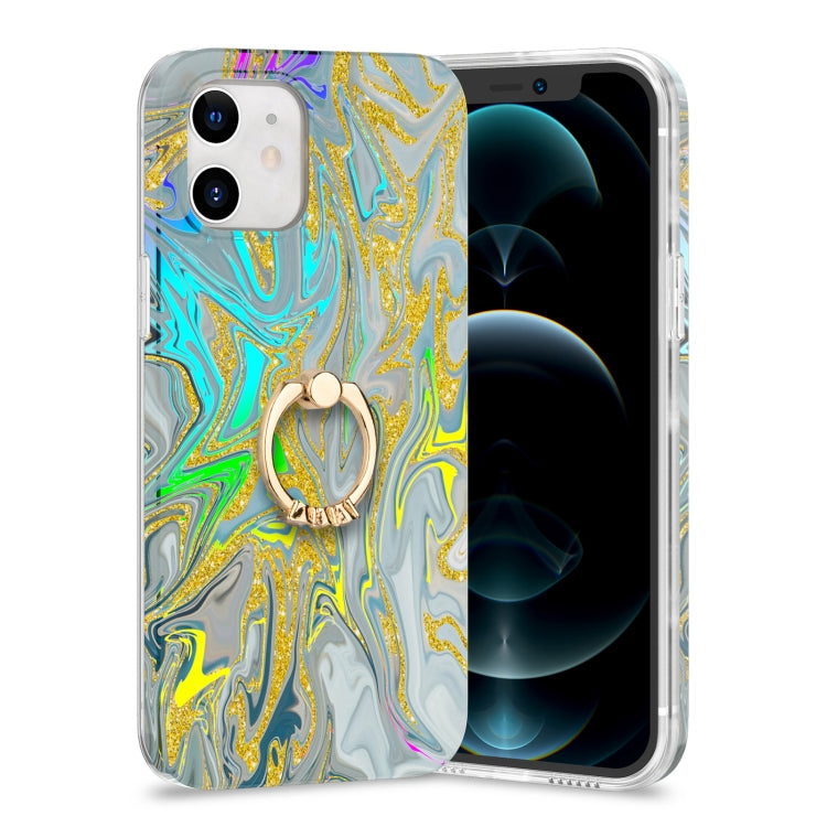 For iPhone 12 mini Laser Glitter Watercolor Pattern Shockproof Protective Case with Ring Holder