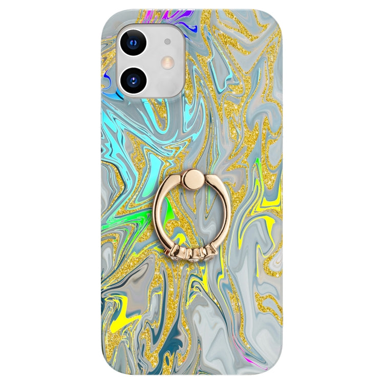 For iPhone 12 mini Laser Glitter Watercolor Pattern Shockproof Protective Case with Ring Holder