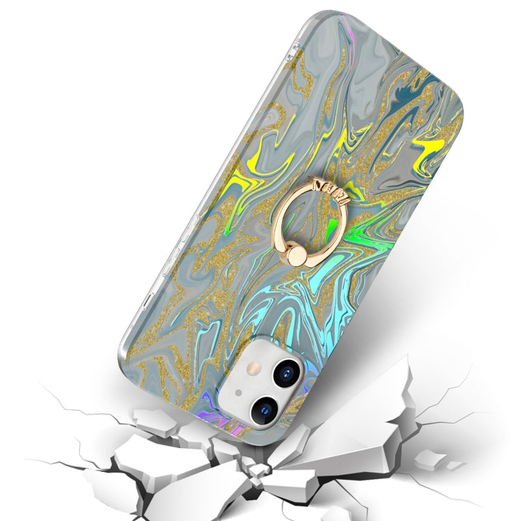 For iPhone 12 mini Laser Glitter Watercolor Pattern Shockproof Protective Case with Ring Holder
