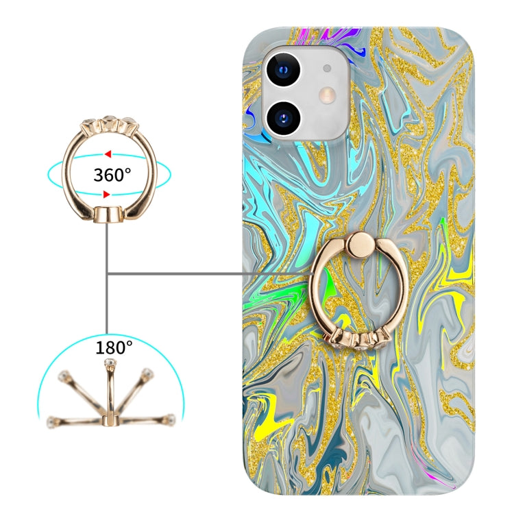 For iPhone 12 mini Laser Glitter Watercolor Pattern Shockproof Protective Case with Ring Holder