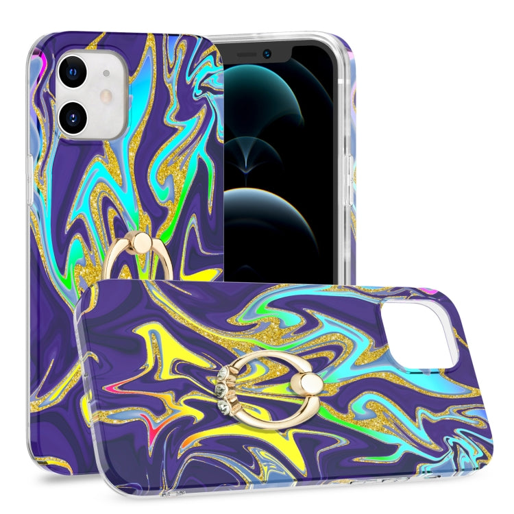 For iPhone 12 mini Laser Glitter Watercolor Pattern Shockproof Protective Case with Ring Holder