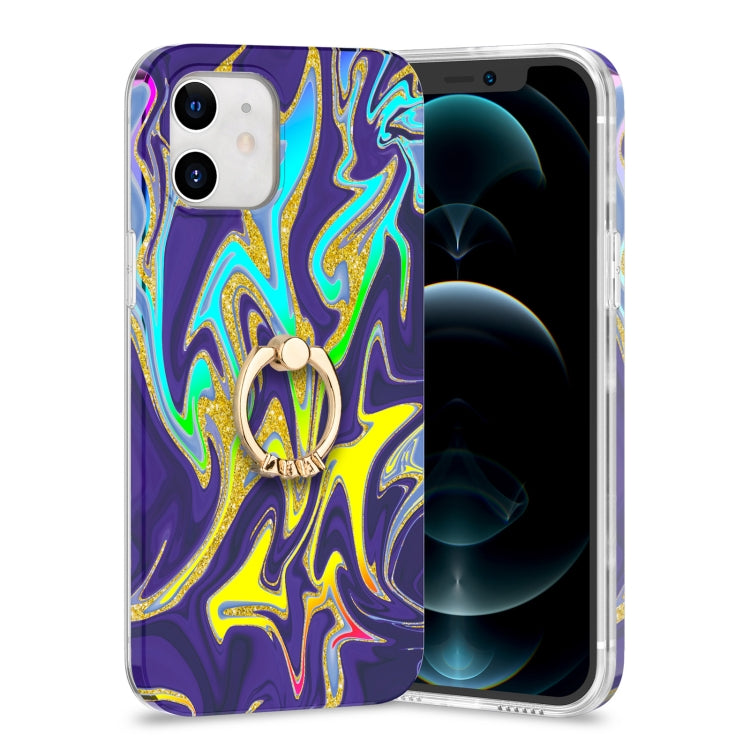 For iPhone 12 mini Laser Glitter Watercolor Pattern Shockproof Protective Case with Ring Holder