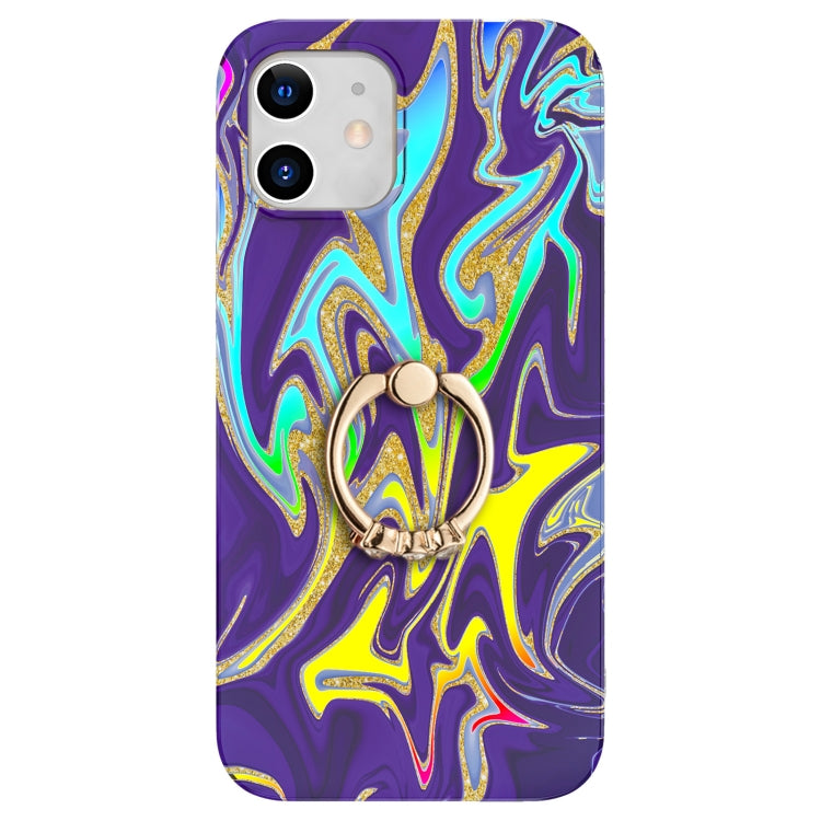 For iPhone 12 mini Laser Glitter Watercolor Pattern Shockproof Protective Case with Ring Holder
