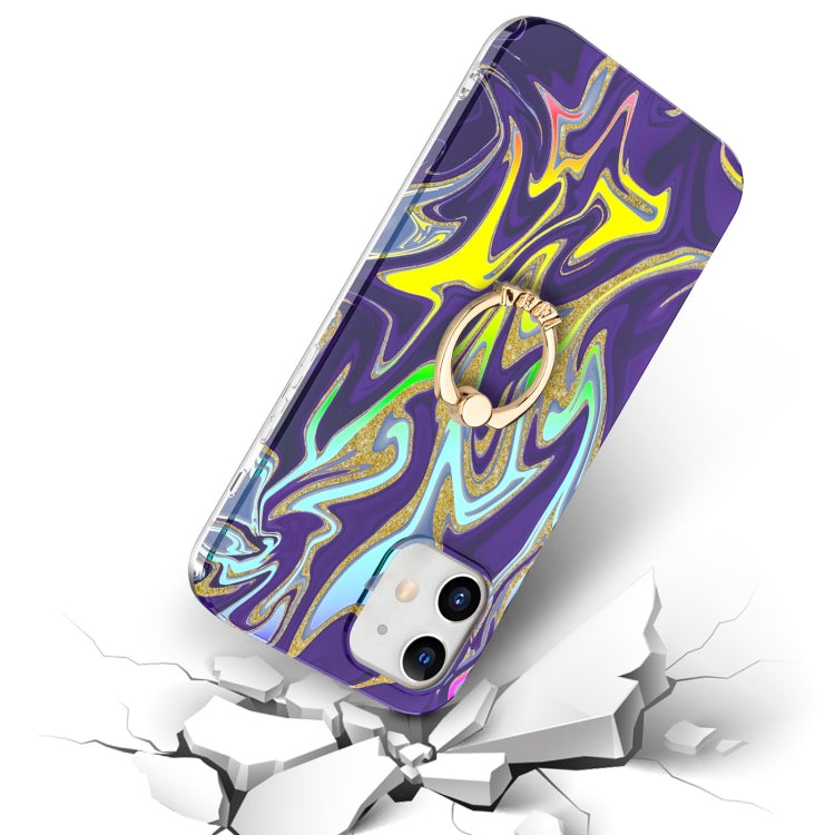 For iPhone 12 mini Laser Glitter Watercolor Pattern Shockproof Protective Case with Ring Holder