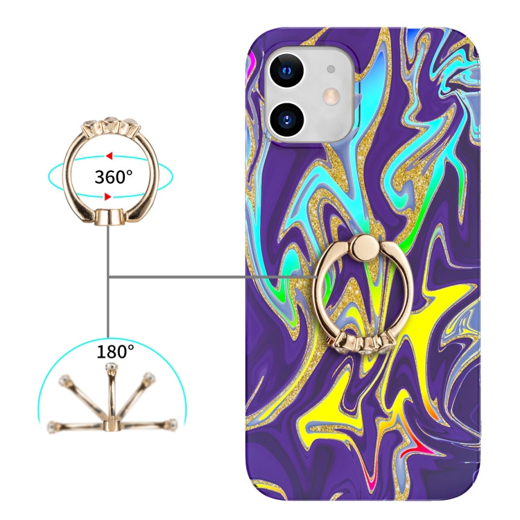 For iPhone 12 mini Laser Glitter Watercolor Pattern Shockproof Protective Case with Ring Holder