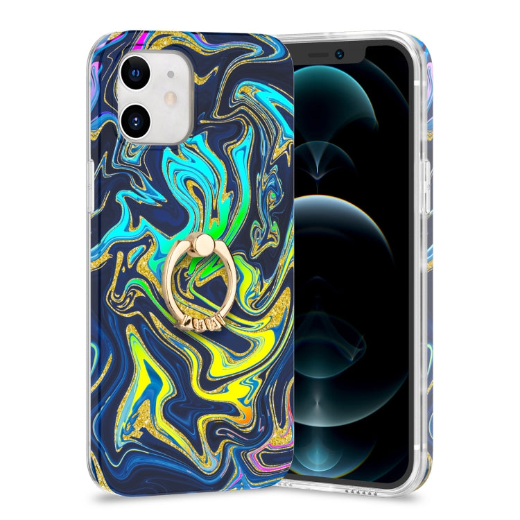For iPhone 12 mini Laser Glitter Watercolor Pattern Shockproof Protective Case with Ring Holder
