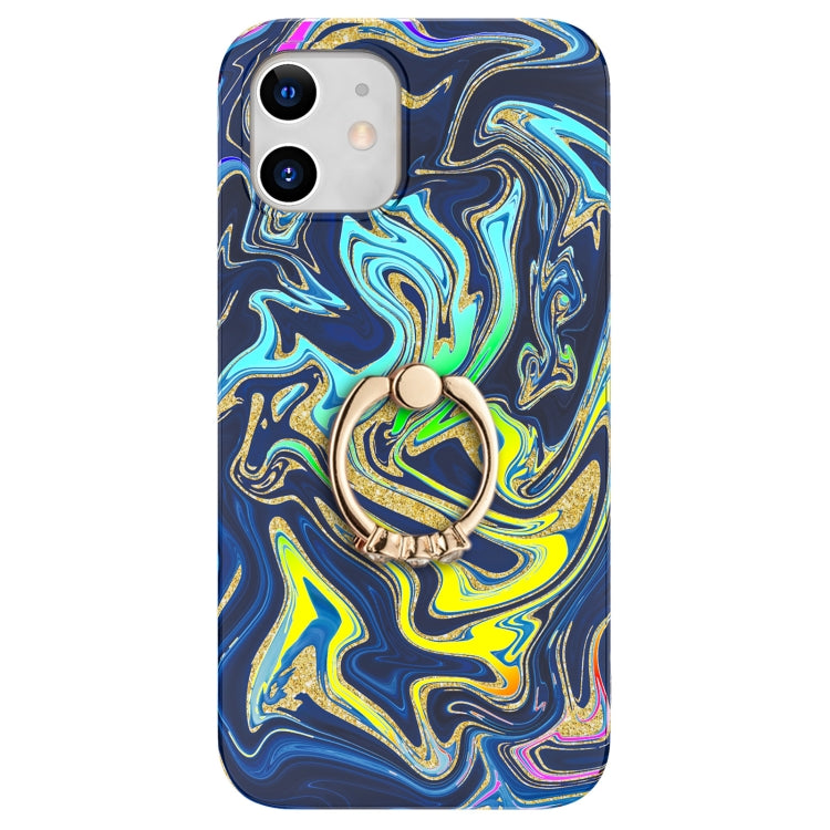 For iPhone 12 mini Laser Glitter Watercolor Pattern Shockproof Protective Case with Ring Holder