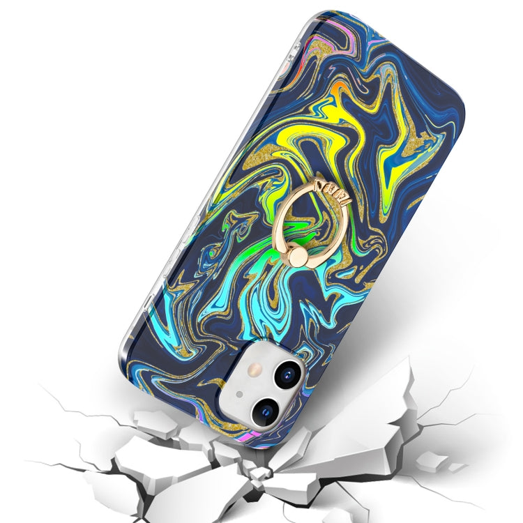 For iPhone 12 mini Laser Glitter Watercolor Pattern Shockproof Protective Case with Ring Holder
