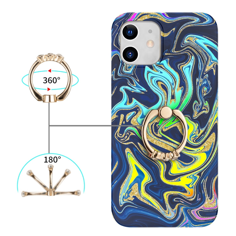 For iPhone 12 mini Laser Glitter Watercolor Pattern Shockproof Protective Case with Ring Holder