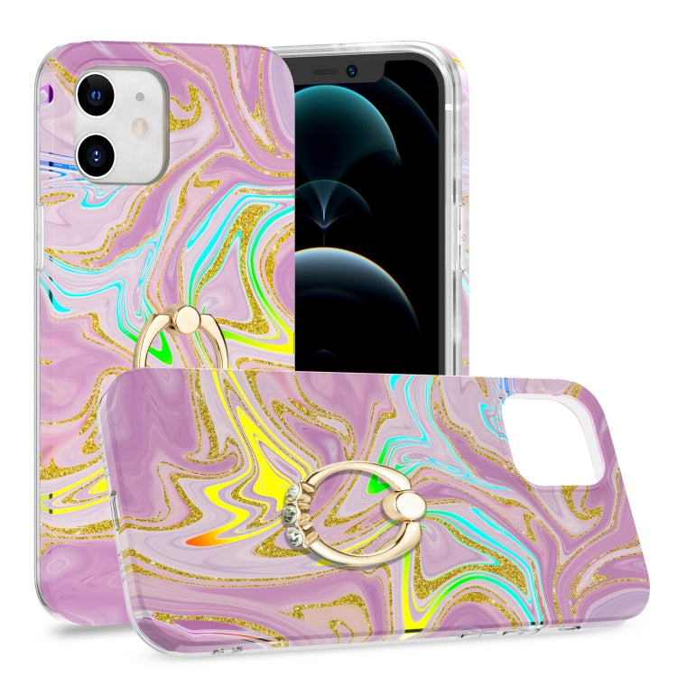 For iPhone 12 mini Laser Glitter Watercolor Pattern Shockproof Protective Case with Ring Holder