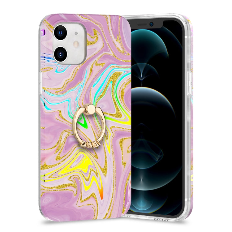 For iPhone 12 mini Laser Glitter Watercolor Pattern Shockproof Protective Case with Ring Holder