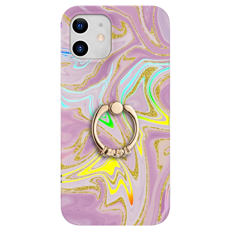 For iPhone 12 mini Laser Glitter Watercolor Pattern Shockproof Protective Case with Ring Holder
