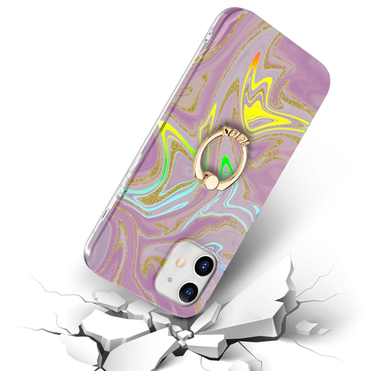 For iPhone 12 mini Laser Glitter Watercolor Pattern Shockproof Protective Case with Ring Holder