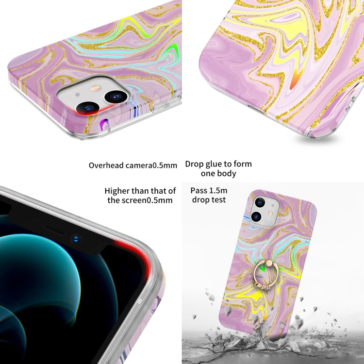 For iPhone 12 mini Laser Glitter Watercolor Pattern Shockproof Protective Case with Ring Holder
