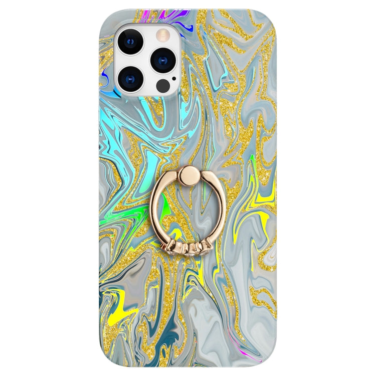 For iPhone 12 / 12 Pro Laser Glitter Watercolor Pattern Shockproof Protective Case with Ring Holder