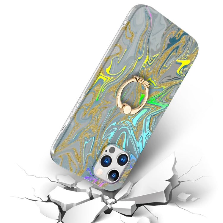 For iPhone 12 / 12 Pro Laser Glitter Watercolor Pattern Shockproof Protective Case with Ring Holder