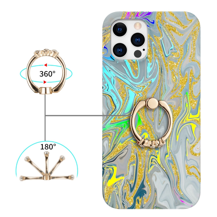 For iPhone 12 / 12 Pro Laser Glitter Watercolor Pattern Shockproof Protective Case with Ring Holder