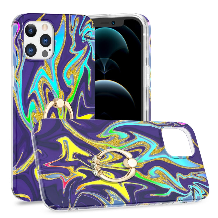 For iPhone 12 / 12 Pro Laser Glitter Watercolor Pattern Shockproof Protective Case with Ring Holder
