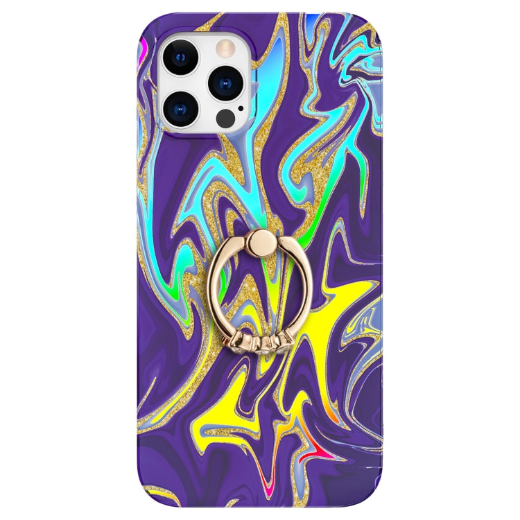 For iPhone 12 / 12 Pro Laser Glitter Watercolor Pattern Shockproof Protective Case with Ring Holder