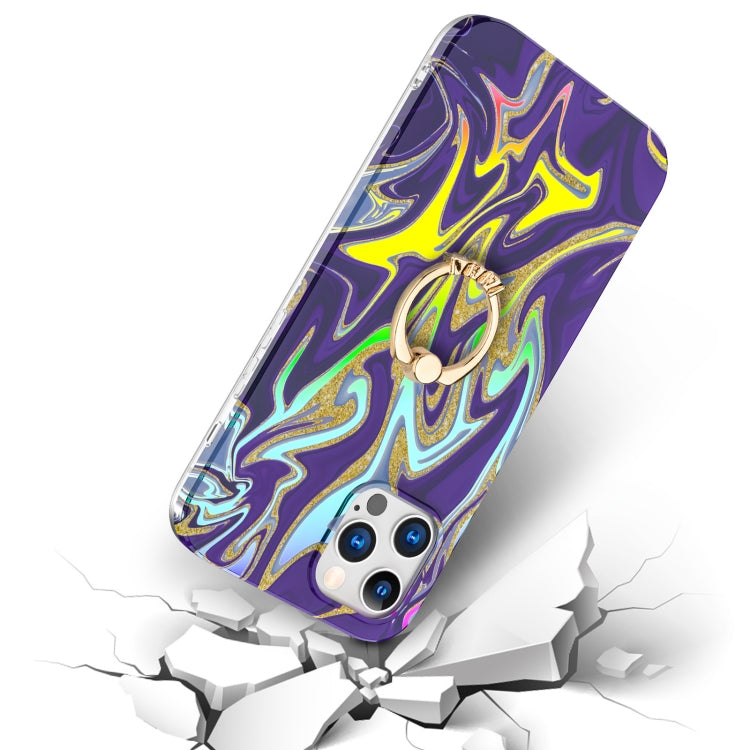 For iPhone 12 / 12 Pro Laser Glitter Watercolor Pattern Shockproof Protective Case with Ring Holder