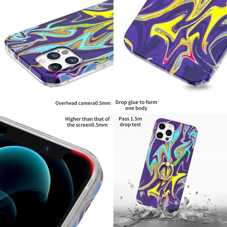 For iPhone 12 / 12 Pro Laser Glitter Watercolor Pattern Shockproof Protective Case with Ring Holder