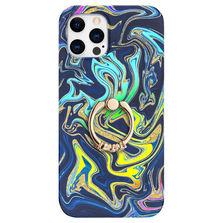 For iPhone 12 / 12 Pro Laser Glitter Watercolor Pattern Shockproof Protective Case with Ring Holder