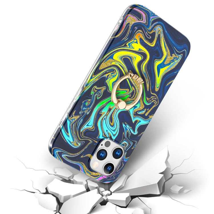 For iPhone 12 / 12 Pro Laser Glitter Watercolor Pattern Shockproof Protective Case with Ring Holder