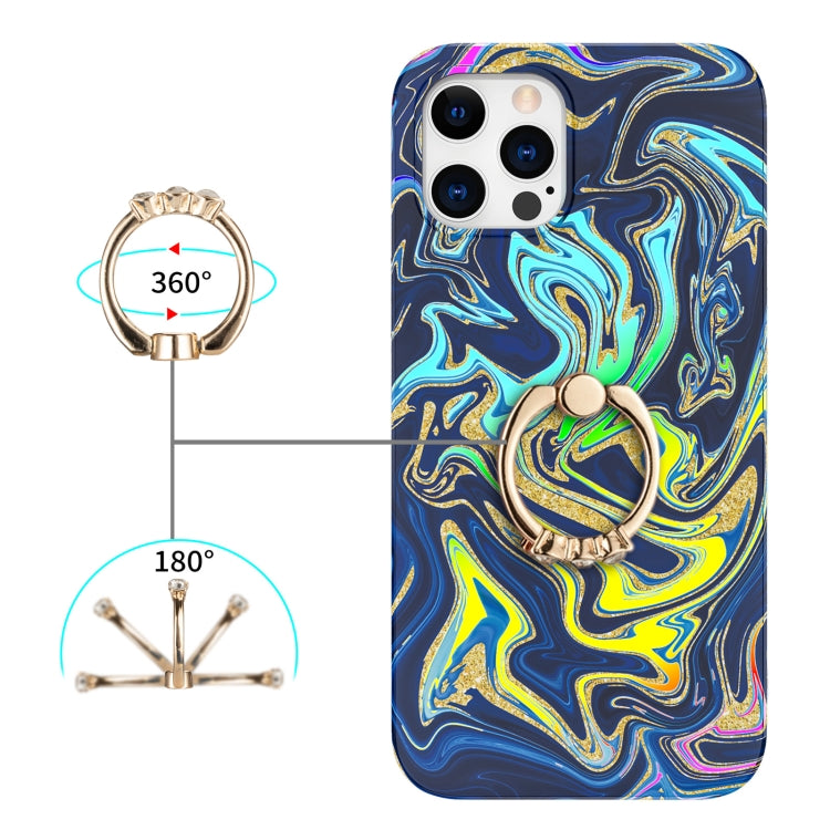 For iPhone 12 / 12 Pro Laser Glitter Watercolor Pattern Shockproof Protective Case with Ring Holder